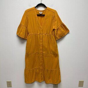 Pact Womens Orange Gauze Tiered V-Neck Flutter Sleeve Button Front Midi Dress S